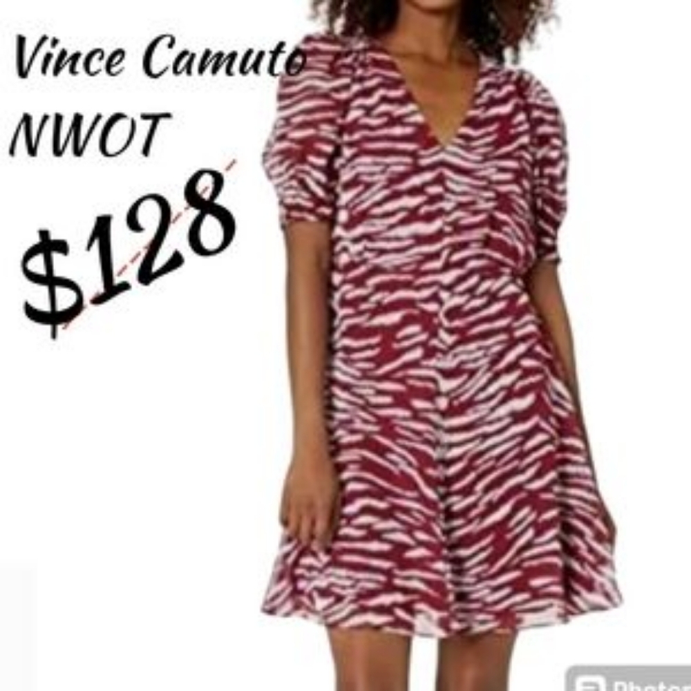 NWOT Vince Camuto V-Neck Animal Print Chiffon A-Line Dress